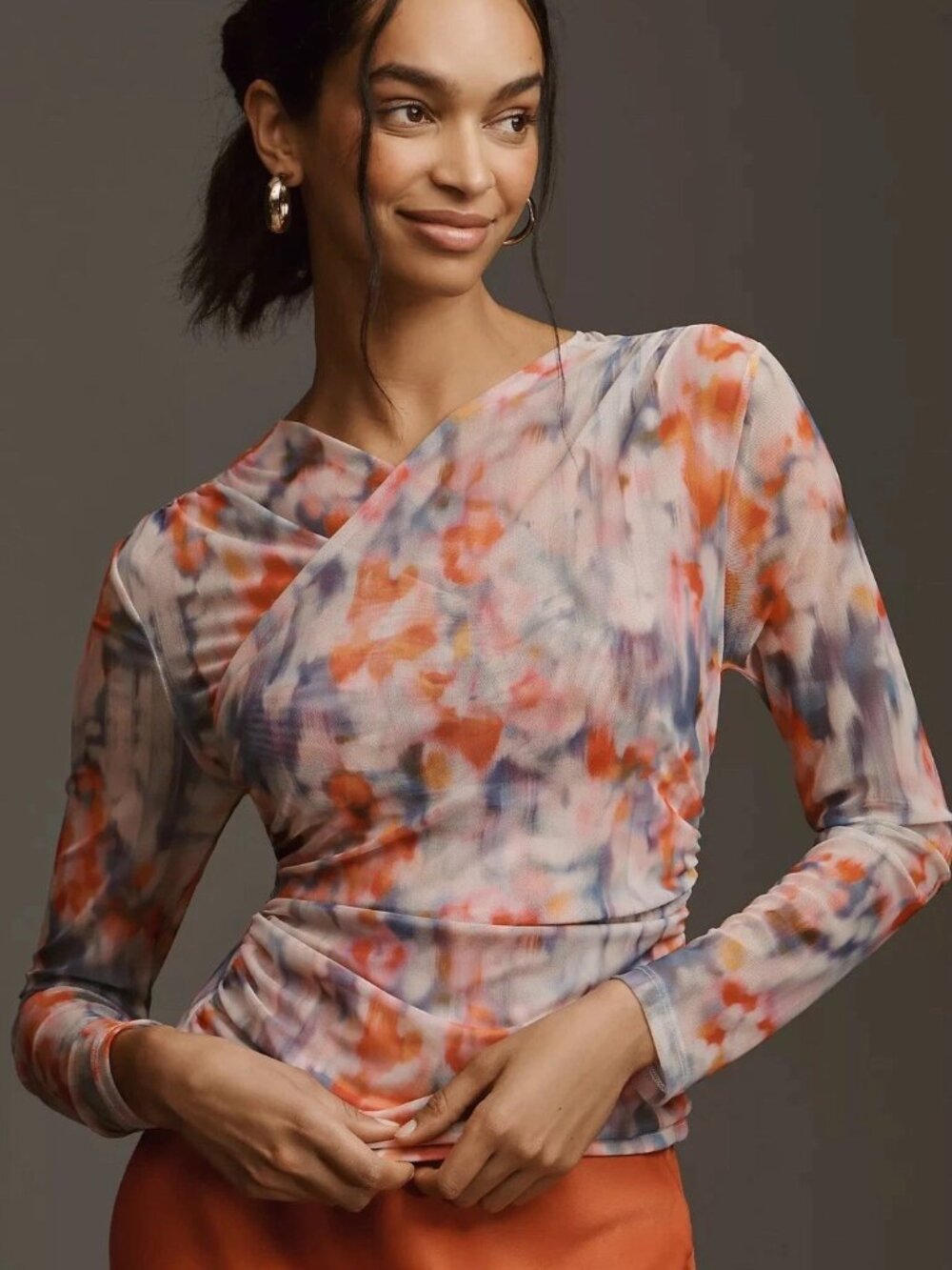 Floral Faux Wrap Mesh Top